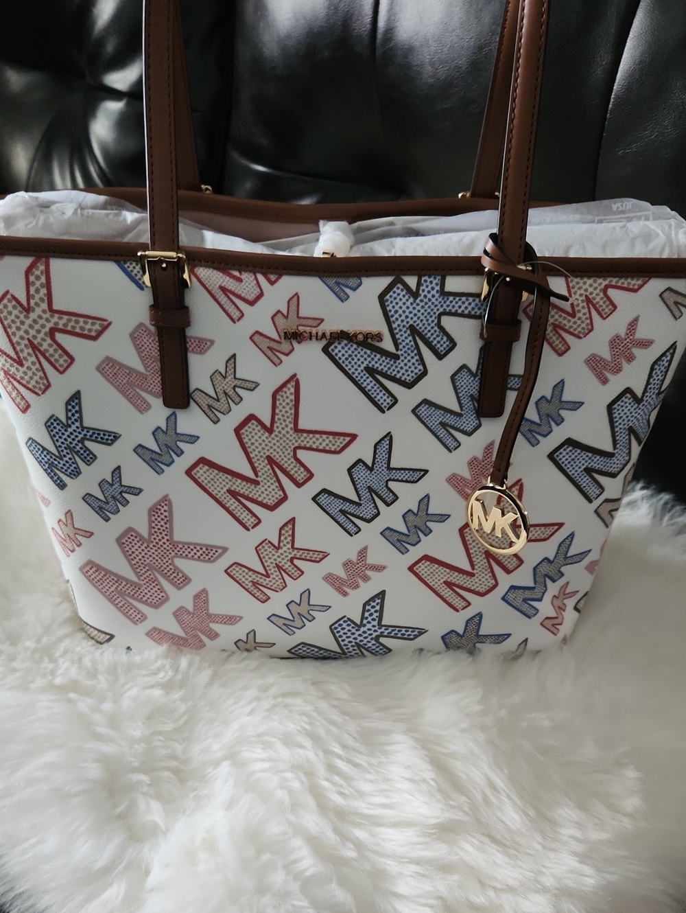 Michael Kors White Tote with Red & Blue MK Logo Print and Brown Trim